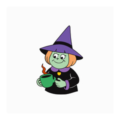 A cute cartoon witch wearing a purple hat and black dress holding a steaming green mug of coffee isolated on white background