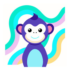 Cute purple cartoon monkey with a playful expression and colorful wavy lines behind it isolated on white background