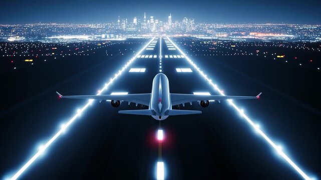Commercial airplane poised for takeoff on a brightly lit runway with city skyline at night, 4k high quality