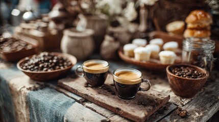Coffee setup espresso shots beans pastries cafe breakfast stylized arrangement