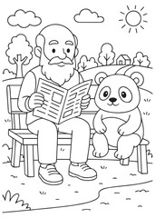 Coloring book father sitting on bench reading book with panda sitting nearby in the park