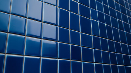 A modern wall covering features small, glossy, royal blue square tiles with light gray grout. The tiles are arranged in a uniform grid pattern for a clean and minimalist look.