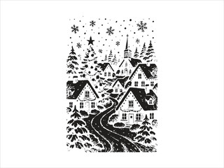 Children Making Snowman on Christmas Eve Winter village covered in snow with glowing holiday decorations