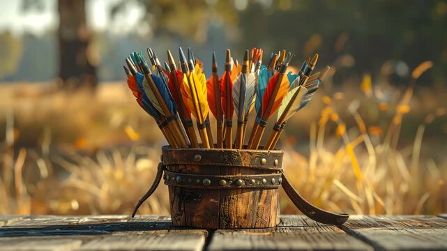 Quiver of Arrows with Colorful Feathers, Rustic Wood Background, Archery and Hunting Concept