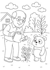 Coloring book father watering flowers while panda watching