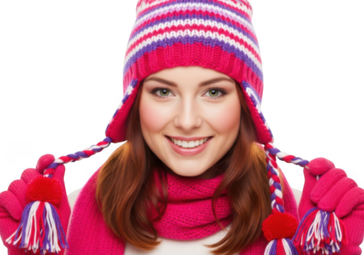 Young woman wearing a pink knitted hat, scarf, and gloves, smiling and looking at the camera, isolated on transparent background