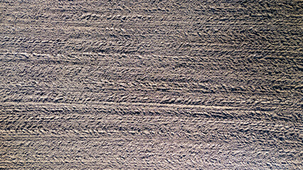 Aerial view of a textured agricultural field, showcasing visible lines from farming equipment. The scene captures the essence of rural life and cultivation processes.