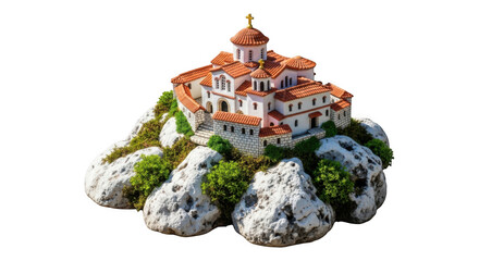 Orthodox monastery architectural model on rock transparent background