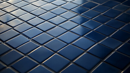 A stunning array of square-shaped tiles in a deep blue hue, meticulously arranged to create a visually appealing pattern. The glossy finish reflects light, adding depth to the surface.