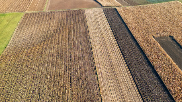 Aerial view of agricultural fields displaying distinct patterns and colors, illustrating crop rotation and farming techniques in sunny weather, ideal for environmental studies.