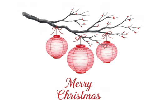 Watercolor illustration of three pink paper lanterns hanging from a bare tree branch with red berries, with the text merry christmas isolated on transparent background