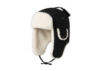 Black trapper hat with white fur trim isolated on transparent background