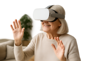 Senior woman using smart virtual reality headset in bright home living room, natural light, isolated on transparent background