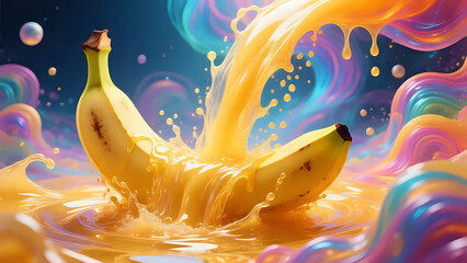 Obraz premium A dynamic, vibrant image of bananas splashing into a yellow-orange liquid, creating motion and ripples in a surreal setting.