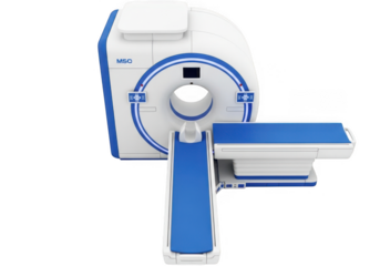 Modern medical ct scanner with blue accents, isolated on transparent background