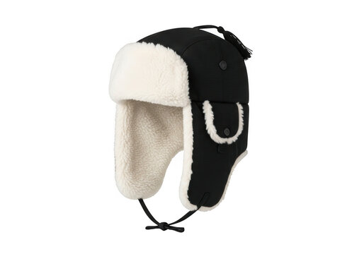 Black trapper hat with white fur trim isolated on transparent background