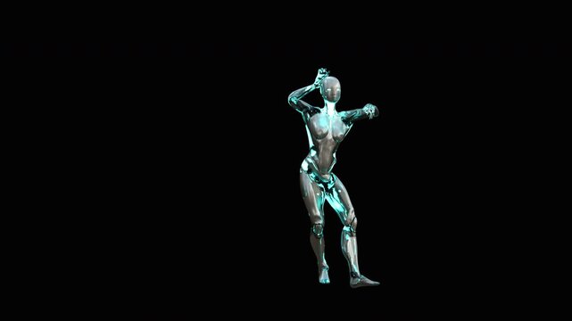 Futuristic humanoid robot with metallic skin and illuminated circuitry, performing a realistic 3D animation. Ideal for science fiction and technology themed visuals. Alpha matte included at the end of - Powered by Adobe