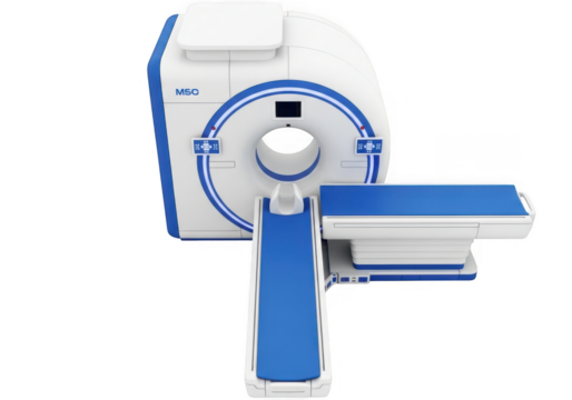 Modern medical ct scanner with blue accents, isolated on transparent background