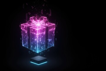 Vibrant holographic gift box with a glowing ribbon, surrounded by sparkling particles, floating above a luminous base, representing celebration and surprise in a digital art style