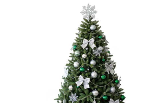 A decorated christmas tree with green and silver ornaments, bows, and a snowflake topper, isolated on a transparent background