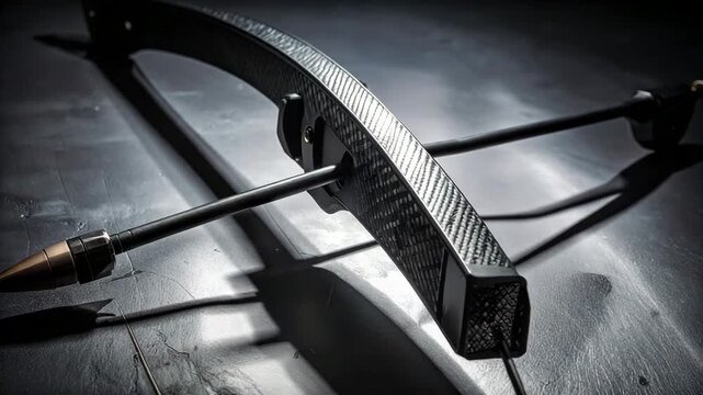 Close-up of a modern crossbow with a carbon fiber texture and a loaded arrow, set with dramatic shadows.