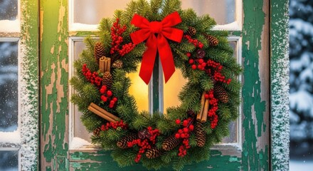 Festive Christmas wreath with red bow and berries on rustic green door, welcoming holiday cheer and warm wishes this season
