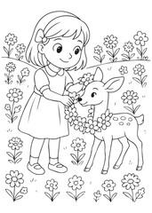 coloring book little girl putting flower necklace on young deer