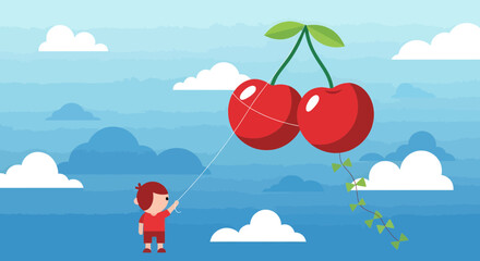 Fototapeta premium A Young Person Flying A Kite Made Of Giant Cherries In A Bright Blue Sky