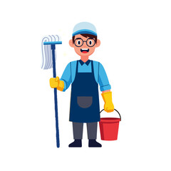  Janitor holding mop and bucket wearing blue apron and yellow cleaning gloves