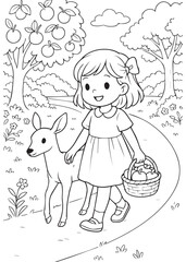 coloring book girl walking holding basket with young deer beside