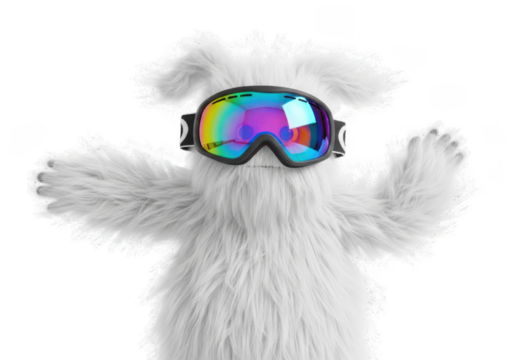 Fluffy white monster wearing colorful ski goggles, isolated on transparent background