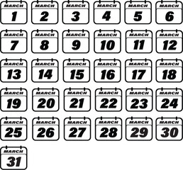Set of march calendar icon with numbers concept for date, day, event, appointment, schedule, planning, reminder, or agenda vector illustration !