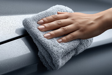 Zbliżenie na dłoń polerującą szary, matowy element powierzchni za pomocą miękkiej, szarej ściereczki z mikrofibry, symbolizujące czyszczenie.