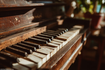 Zniszczone klawisze starego, drewnianego pianina, ujęte w ciepłym świetle, symbolizują upływ czasu i zapomniane melodie.