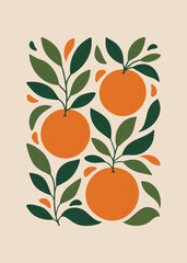 art oranges and leaves. colors orange, beige, and green. Illustration of fruits, decoration, cooking, kitchen, background, flat design