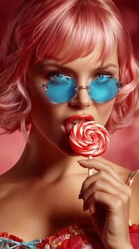 Retrato de una joven con pelo rosa y un pirul&iacute; rojo