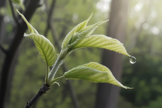 Close up of a branch with new leaves and a single water droplet hanging from the tip of one leaf - Powered by Adobe