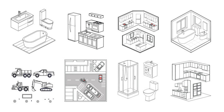Architectural outline pack of household items and vehicles