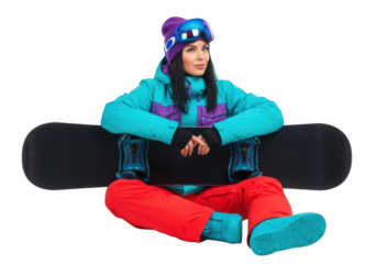 Woman in winter clothing sitting with a snowboard, wearing a hat and goggles, isolated on transparent background
