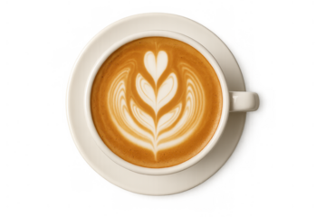 Heart latte art shaping a tulip pattern in a cup of espresso coffee on a saucer, top view, transparent background