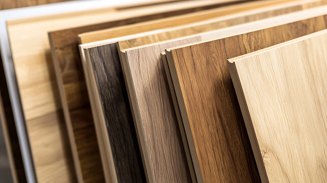 Samples of laminate flooring in varying wood tones. Showcase the textures and shades of various wooden planks. Options for interior design and home renovation projects.
