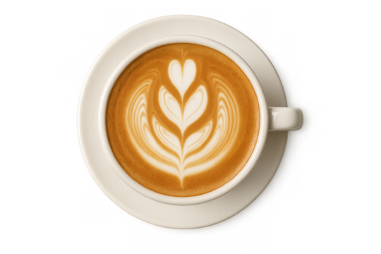 Heart latte art shaping a tulip pattern in a cup of espresso coffee on a saucer, top view, transparent background