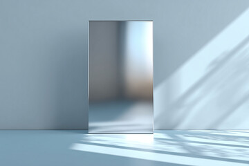 Duży, pionowy, lustrzany prostopadłościan z polerowanego metalu, odbijający otoczenie. Stoi na jasnym tle, oświetlony naturalnym światłem z widocznymi cieniami.