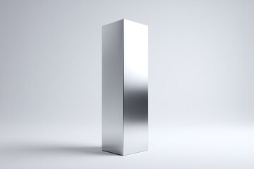 Wysoki, smukły, pionowy prostopadłościan z polerowanego, błyszczącego metalu, stojący na jasnym, neutralnym tle z miękkim cieniem u podstawy.