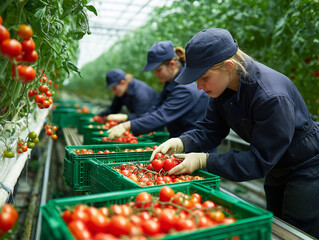 Workers in blue overalls harvest tomatoes in a greenhouse. They sort red fruit into green crates for packing.