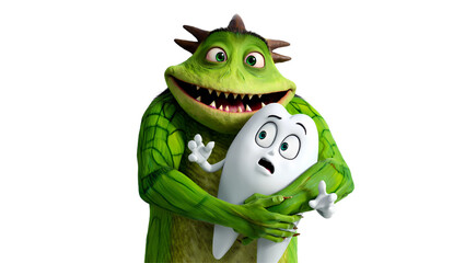 Funny green monster hugging scared cartoon tooth character in 3D isolated illustration