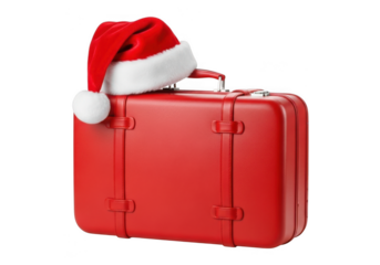 A classic red suitcase with a santa hat on top, isolated on transparent background, perfect for holiday travel and christmas themes