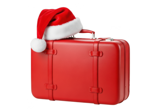 A classic red suitcase with a santa hat on top, isolated on transparent background, perfect for holiday travel and christmas themes