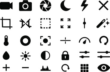Photo and video editing icons set, black vector symbols for tools, adjustments, interface elements, UI design, and creative software features