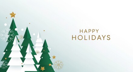 Celebrate the season with this elegant and modern Happy Holidays design featuring stylized Christmas trees and snowflakes for festive marketing campaigns
